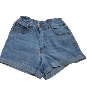Vintage High-Waisted Denim Shorts With Rolled Hem & Double Button Closure
